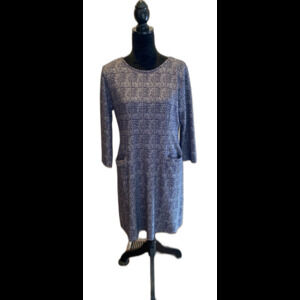 41Hawthorn Dress Navy Pattern Pockets 3/4 Sleeve Zipper Sz Large Fitted Workwear